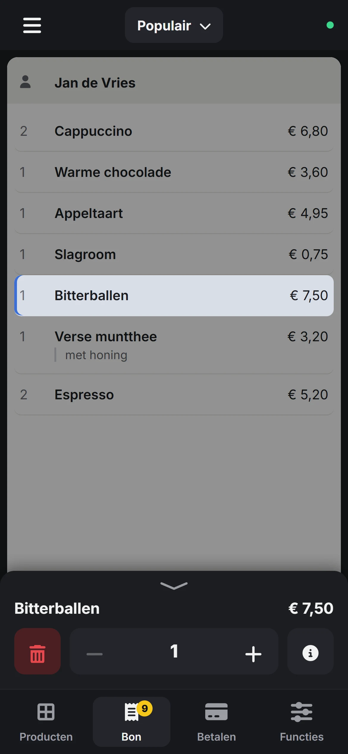 De bon op de telefoon, met een geselecteerde regel